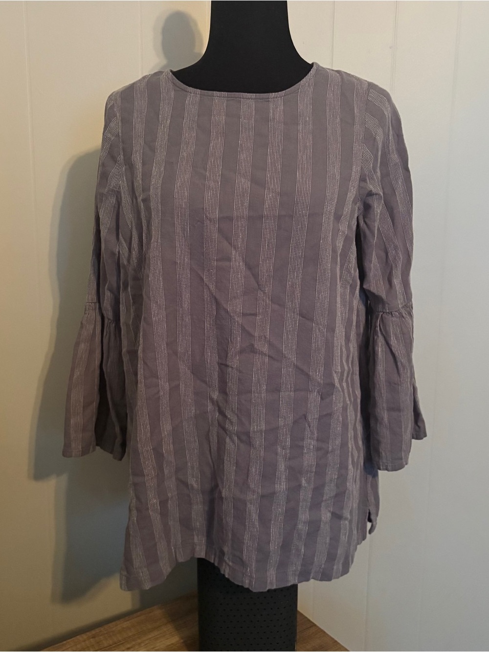 the nines by HATCH Womens Back Button Stripe Shirt Bell Sleeves Medium Maternity